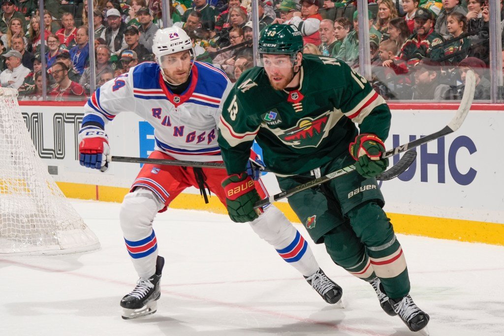 Carson Soucy defends during the Rangers' game against the Wild on March 13.