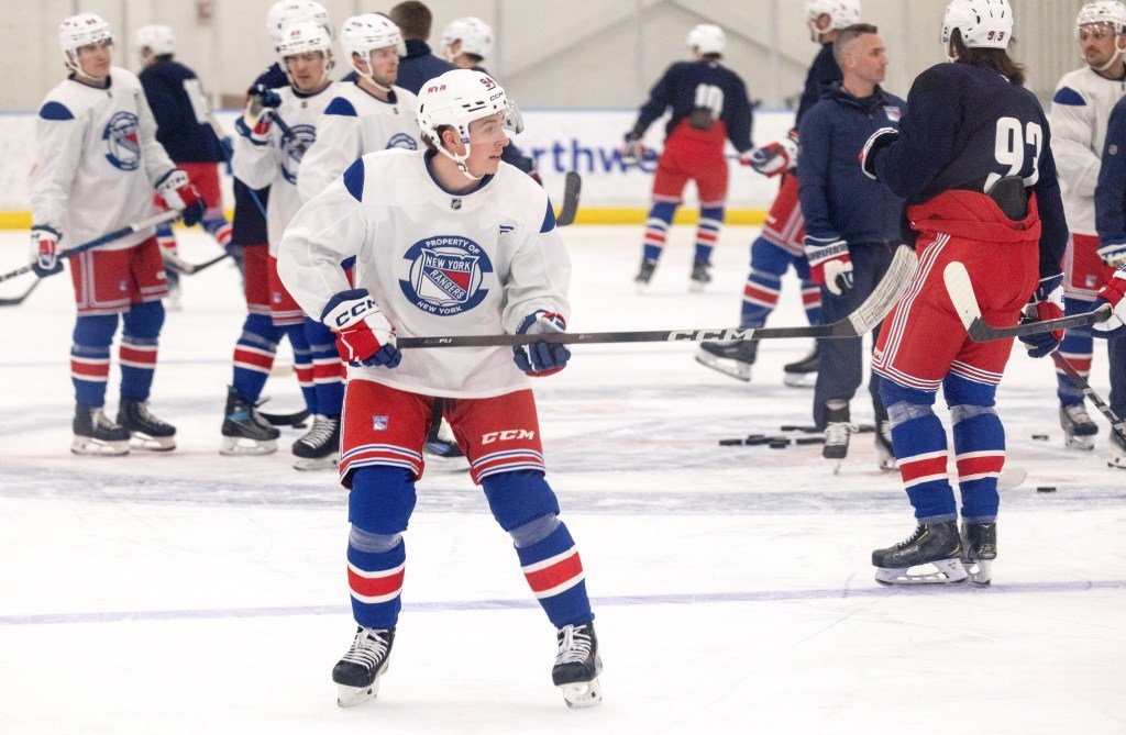 Gabe Perreault skates during Rangers practice on April 1, 2025.