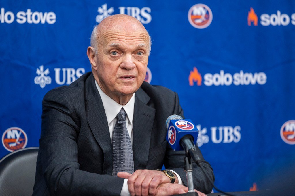 New York Islanders GM Lou Lamoriello speaks before a game against the Florida Panthers at UBS Arena, Saturday, Oct. 26, 2024, in Elmont, NY.