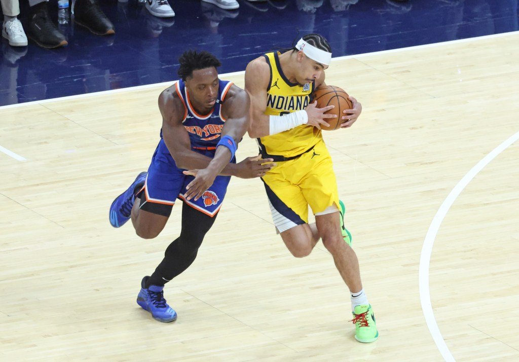 Andrew Nembhard steals a pass intended for OG Anunoby during the Knicks' game against the Pacers on May 25.